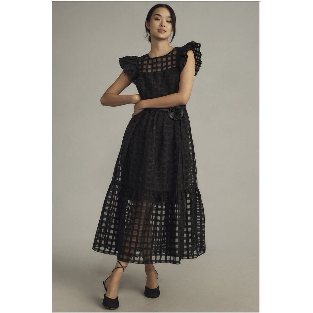 English Factory Fluttered-Sleeve Sheer Gridded Midi Dress Sz Sm Black NWT